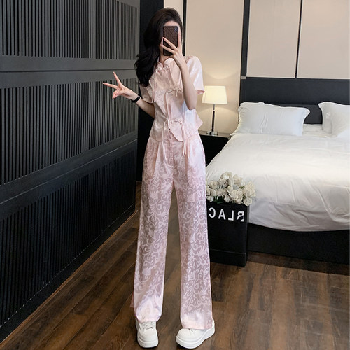 新中式粉色国风流苏盘扣套装女夏季新款时尚O减龄洋气阔腿裤两件