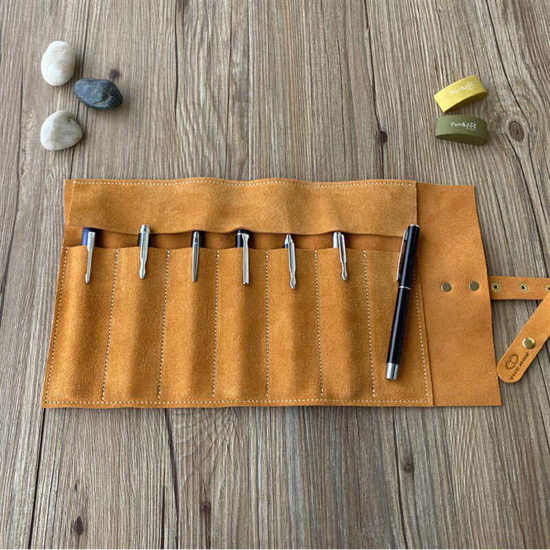 7支大容量钢笔笔袋手工制作多功能E牛皮笔帘简约真皮保护套文具袋