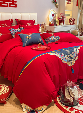 新中式婚庆160支长绒棉四件套红色被F套结婚陪嫁全棉牀单牀上用品