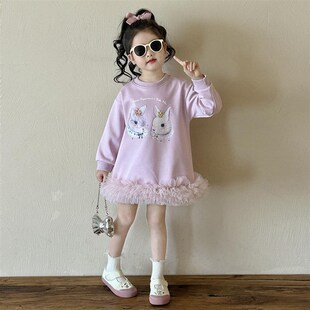女童卫衣连衣裙春装儿童可爱卡通长款印花裙子宝宝网纱公主裙春秋