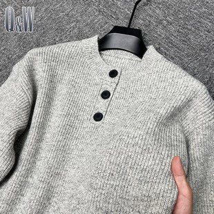 宽松线衣服休闲 美式 复古门筒领毛衣男秋冬季 加厚套头针织衫 男Q装