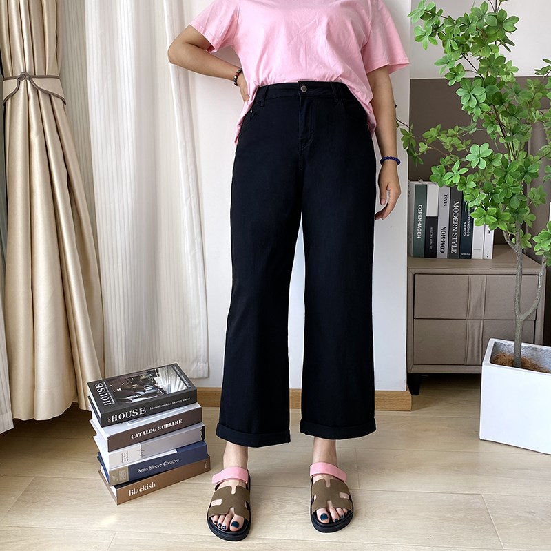 大码女装直筒牛仔裤女夏季薄款宽B松卷边阔腿显瘦黑色裤子胖mm女