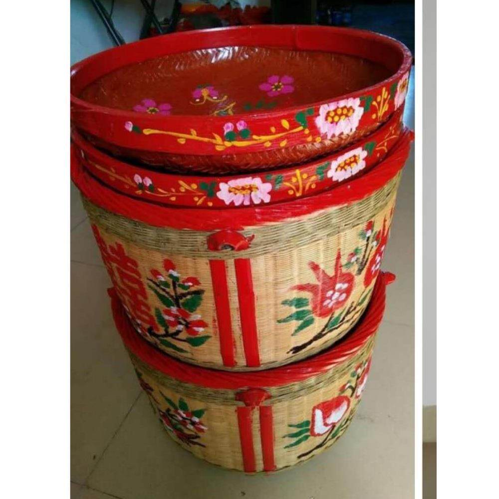结婚定婚满月大号竹编箩筐喜事喜庆嫁妆用品手工绘画簸箕搬家挑担