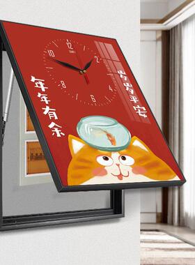 年年有余电表箱装饰画带钟表竖版配电箱遮挡挂画电闸箱总开关壁画