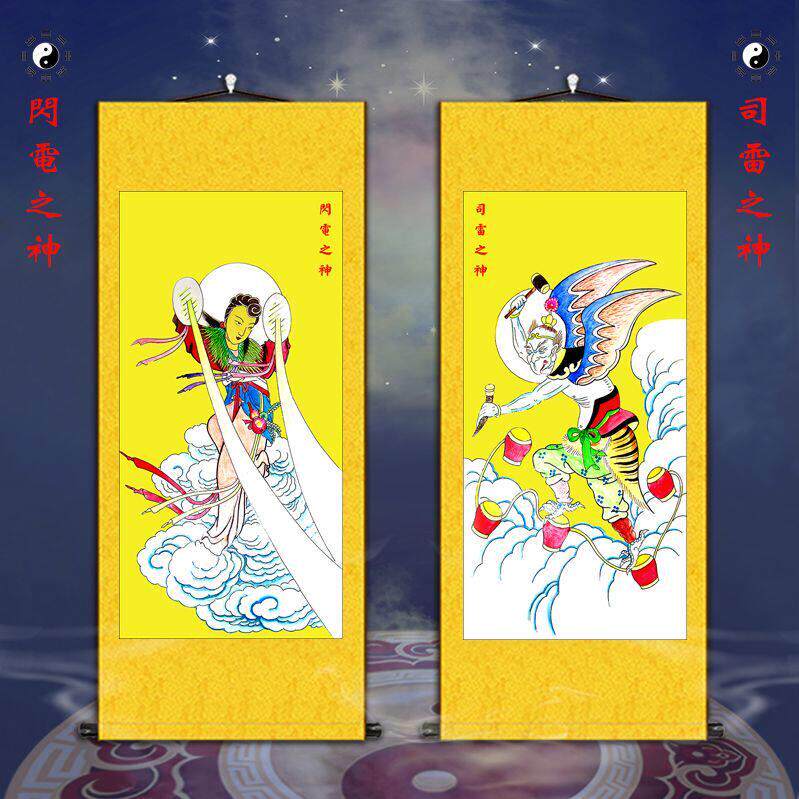 雷公电母人物画像挂画闪电司雷之神宣纸画玄关客厅装饰卷轴挂墙画