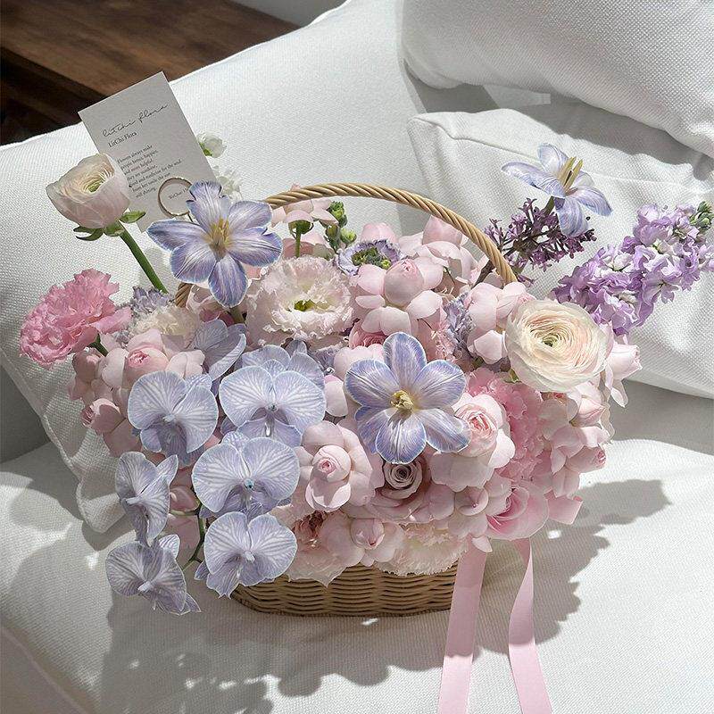 高级感玫瑰混搭花篮摆件永生花彷真皂花混合假花摆件装饰礼品礼物