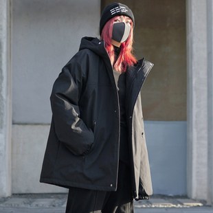 暗黑系机能风工h装棉服中长款黑色棉衣黑暗系酷飒风女装秋冬季外