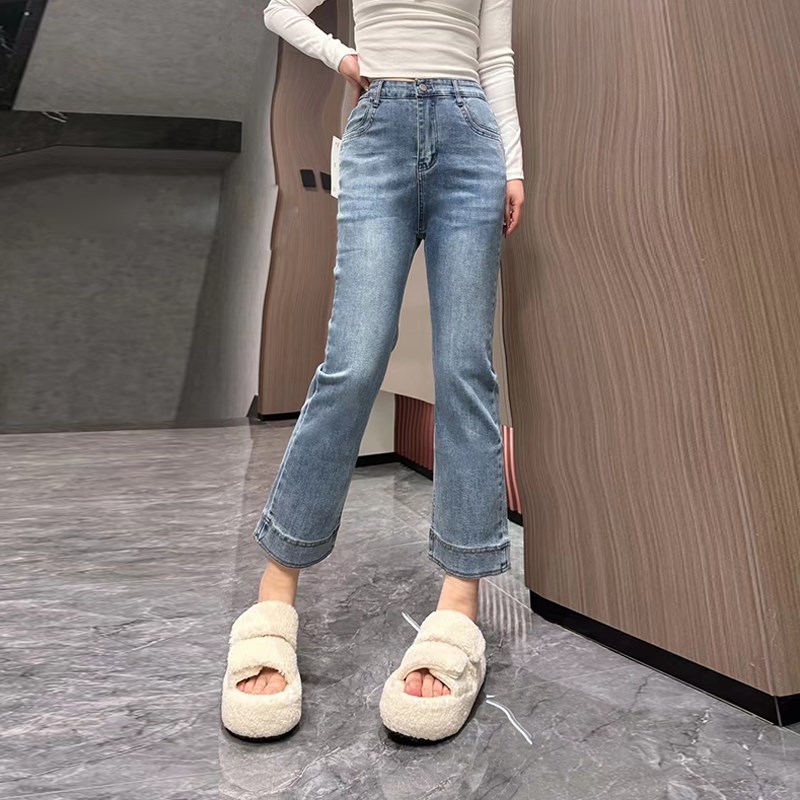 胖MM加b肥拼接裤脚直筒九分牛仔裤宽松遮胯简约休闲大码女装烟管