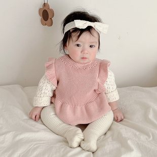 韩版婴儿小马甲春秋新生儿背心针织毛线肚兜女宝宝套X头上衣连体