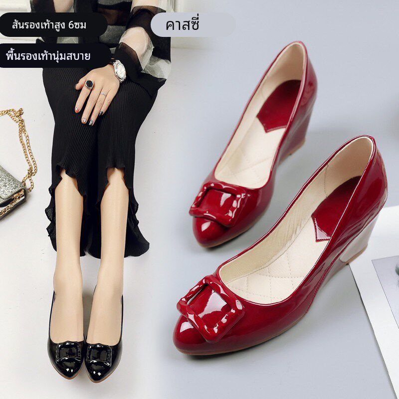 内增高方扣中跟软底鞋女尖头酒红色坡跟蛋卷女鞋红色婚鞋豆豆单鞋