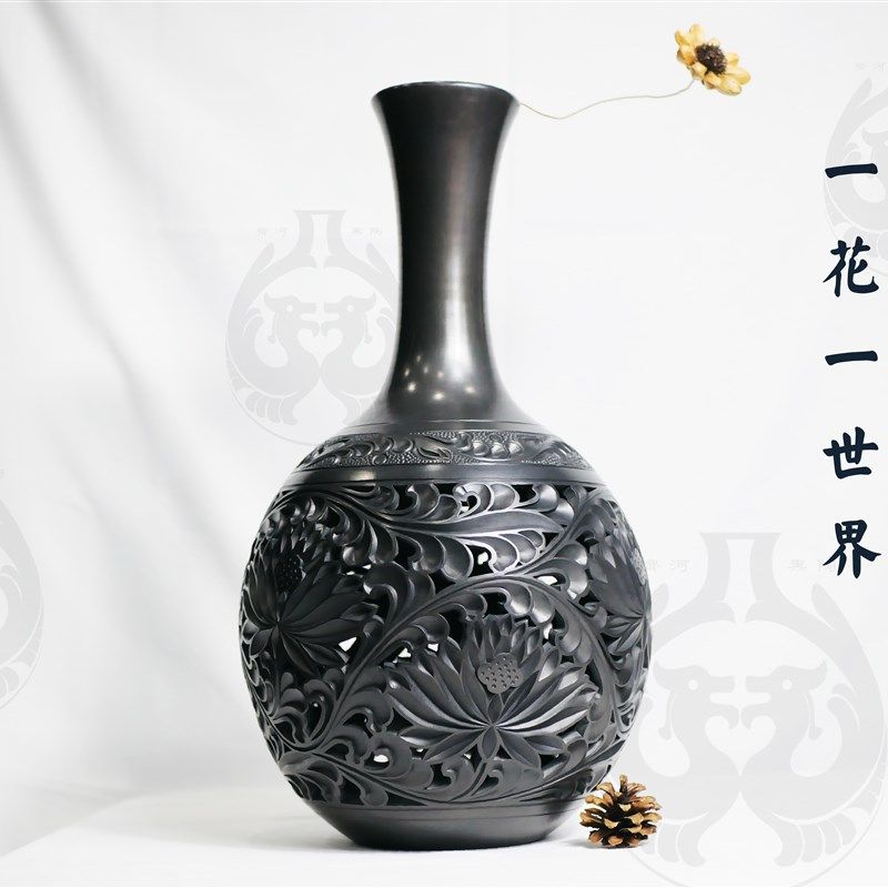 插干花花瓶新中式非遗黑陶客厅摆件家居装饰品博古架长颈莲花瓶,家居饰品,桌面摆件,淘宝优惠券,粉丝福利购,淘宝优惠卷