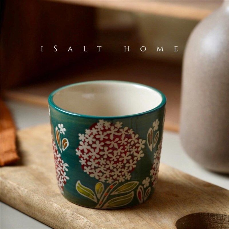 复古手绘浮雕油画绣球咖啡杯手握杯猪口杯创意家用个性创意茶水杯,餐饮具,咖啡杯,淘宝优惠券,粉丝福利购,淘宝优惠卷