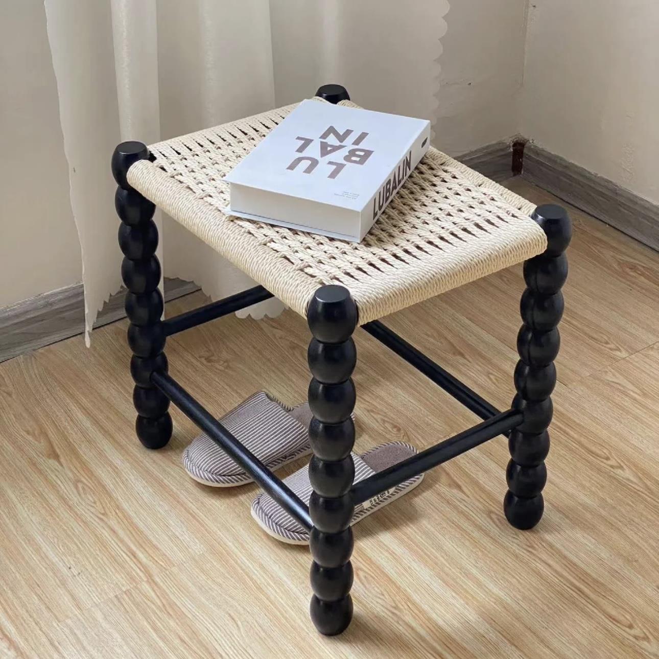 中古实木藤编小凳子家用客厅茶几矮凳网红ins风创意梳妆台换鞋凳