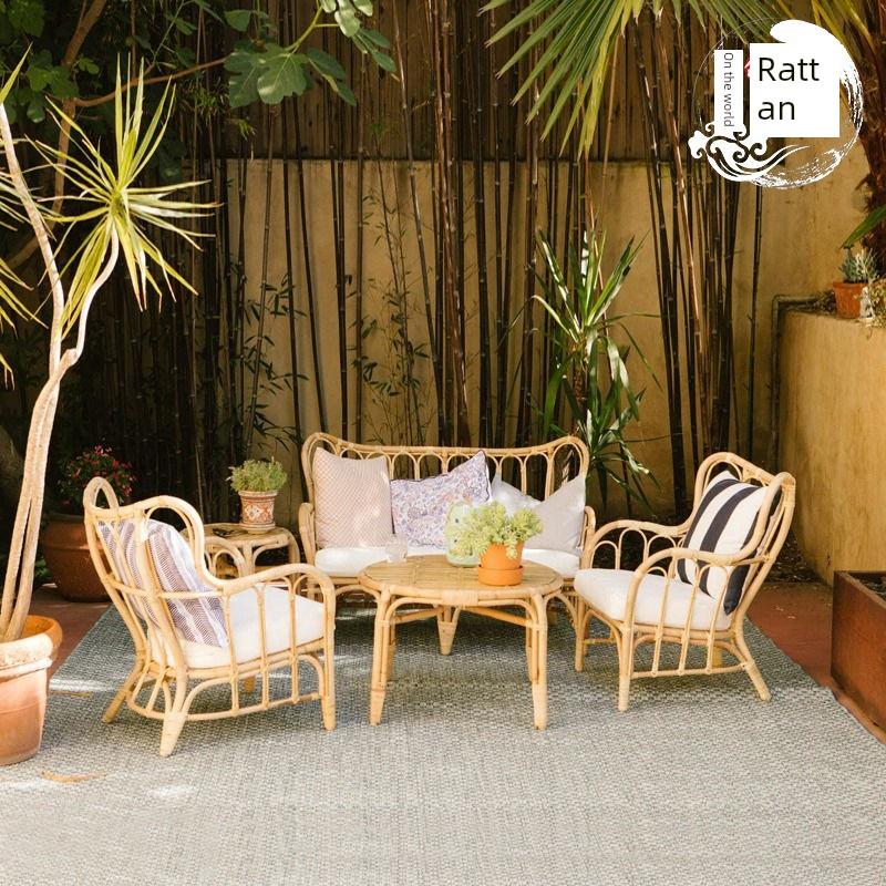 北欧藤编沙发天然真藤户外藤编庭院阳台沙发组合休闲民宿双人藤椅