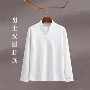 男士 上衣僧服禅修服道士服白色棉 交领汉服打底l衫 V领内搭长袖