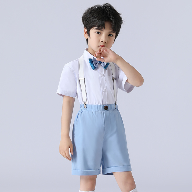 男童短袖衬衫+短裤两o件小西服套装3-12岁儿童休闲背带主持人礼服