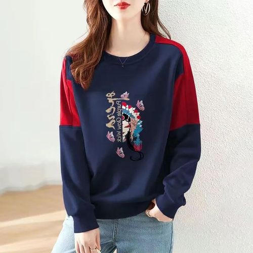 圆领卫衣女爆款秋冬薄款纯棉长袖T恤国风印花无帽套头宽松上衣