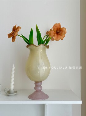 法式中古芬顿香芋紫高脚杯琉璃花瓶摆件客厅轻奢高档创意插花瓶