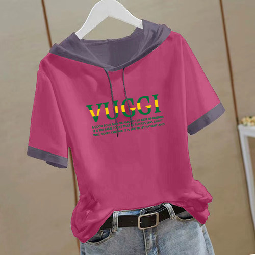 纯棉连帽撞色短袖T恤女2024夏季新款宽松印花减龄百搭拼接上衣潮