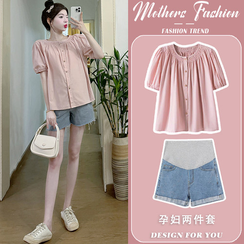 孕妇套装夏2025新款时尚衬衫宽松休闲薄款短袖上衣牛仔短裤两件套