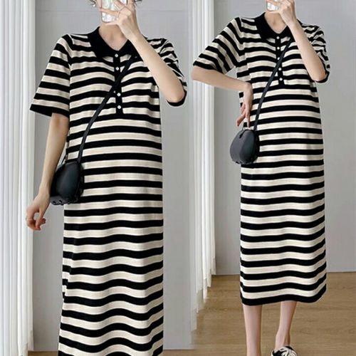 夏装新款大码孕妇装夏款翻领条纹冰丝针织连衣裙哺乳裙子夏季长裙