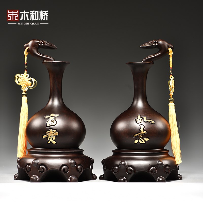 黑檀木雕装饰葫芦摆件花瓶实木客厅红木质家居中式雕刻送礼工艺品