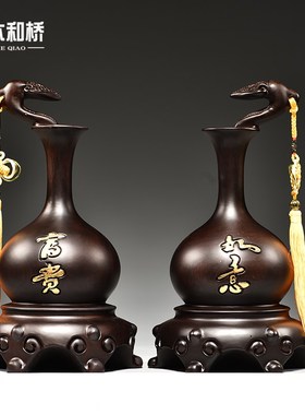 黑檀木雕装饰葫芦摆件花瓶实木客厅红木质家居中式雕刻送礼工艺品