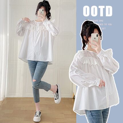 孕妇装春装新款长袖衬衣蕾丝拼接花边娃娃衫时尚长袖白色上衣352