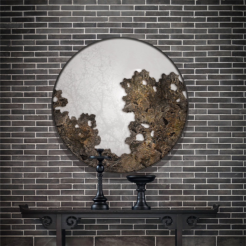 新中式茶室立体装饰画肌理浮雕太湖石民宿背景墙禅意圆形玄关挂画