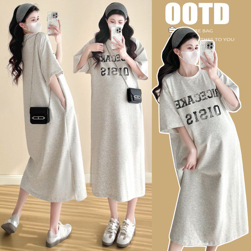 2025夏装孕妇装新款短袖T恤裙中长款过膝休闲大码宽松潮妈连衣裙