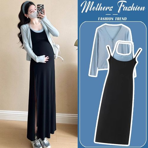 孕妇连衣裙套装春秋2025新款蓝色时尚辣妈开衫上衣吊带裙两件套女