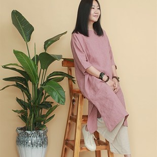 连衣裙 姜欢设计 宽松罩衫 皮粉色亚麻圆领7分袖 天樱 春夏款