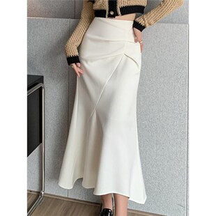 不规则西装半身裙女秋季小个子高腰a字设计感褶皱包臀鱼尾中长裙