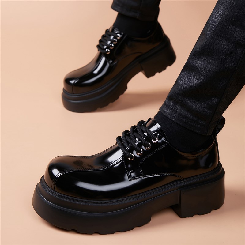 时尚休闲德比鞋男秋季高级感圆头皮鞋黑色厚底男鞋英伦大头鞋皮鞋