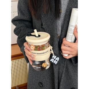 2024带吸管泡茶大容量高颜值办公室咖啡杯子 米咔鹿玻璃水杯女新款
