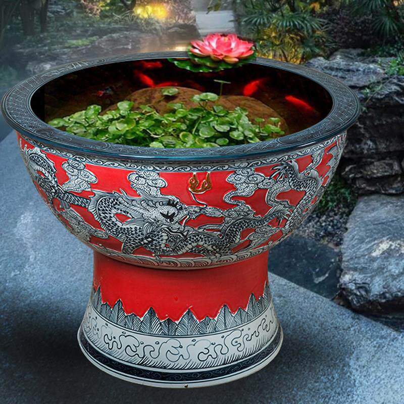 景德镇陶瓷金鱼缸带瓷底座花盆柱式龟缸睡莲碗莲花盆庭院装饰品