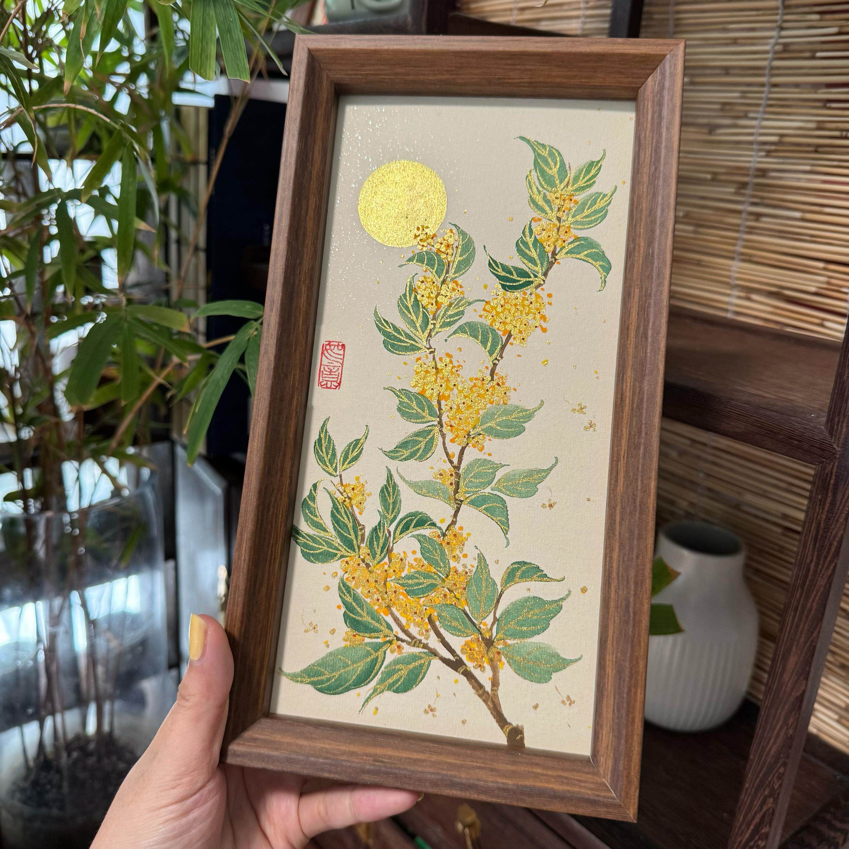 纯手绘国画明月桂花月亮摆台装饰画手工描金中秋节礼物摆件挂画