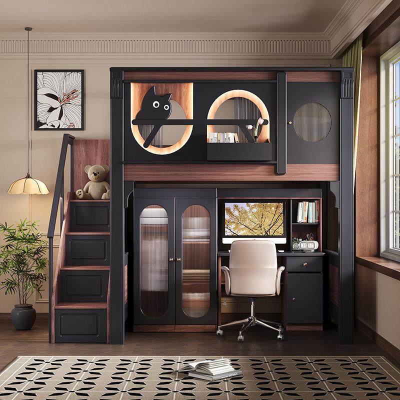 高架床上床下桌组合床实木高低床中古风儿童床书桌一体式上下铺床,住宅家具,高架床/高拼床,淘宝优惠券,粉丝福利购,淘宝优惠卷