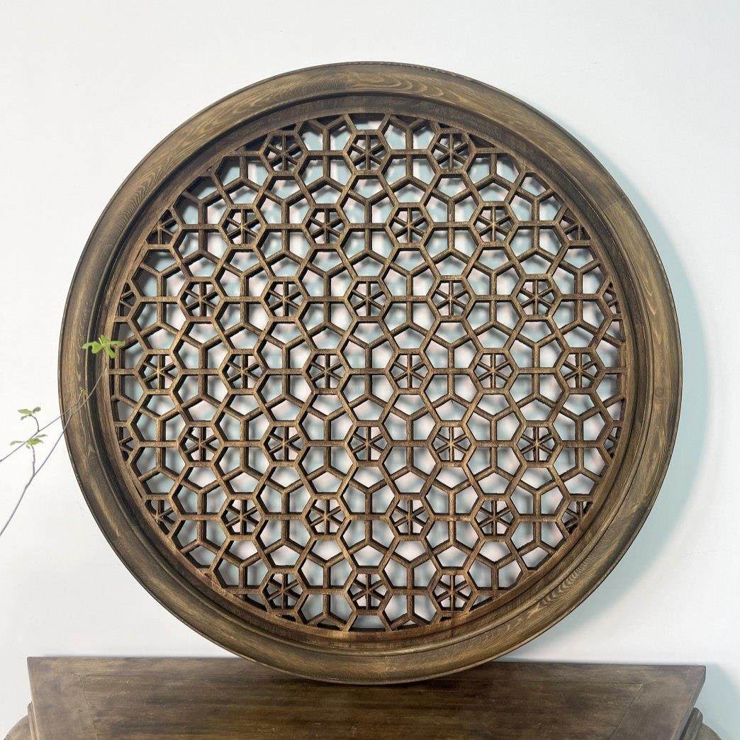 米字格圆窗复古花窗中式实木花格香樟木东阳木雕仿古做旧挂件摆件,家居饰品,木雕,淘宝优惠券,粉丝福利购,淘宝优惠卷