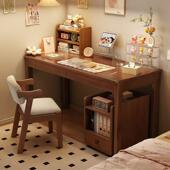 全实木窄书桌椅组合家用学生学习桌小户型卧室办公电脑桌子带书架