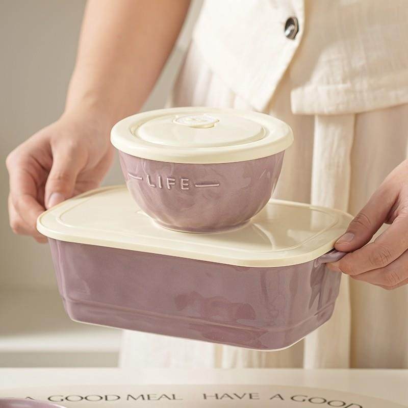 德国陶瓷分格便当盒微波炉饭盒带盖上班族可加热密封碗圆形保鲜盒