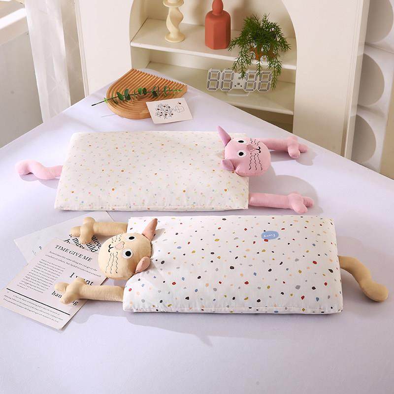 可爱猫咪全棉双层纱荞麦枕儿童纯棉低枕芯单人一只装可拆卸枕头