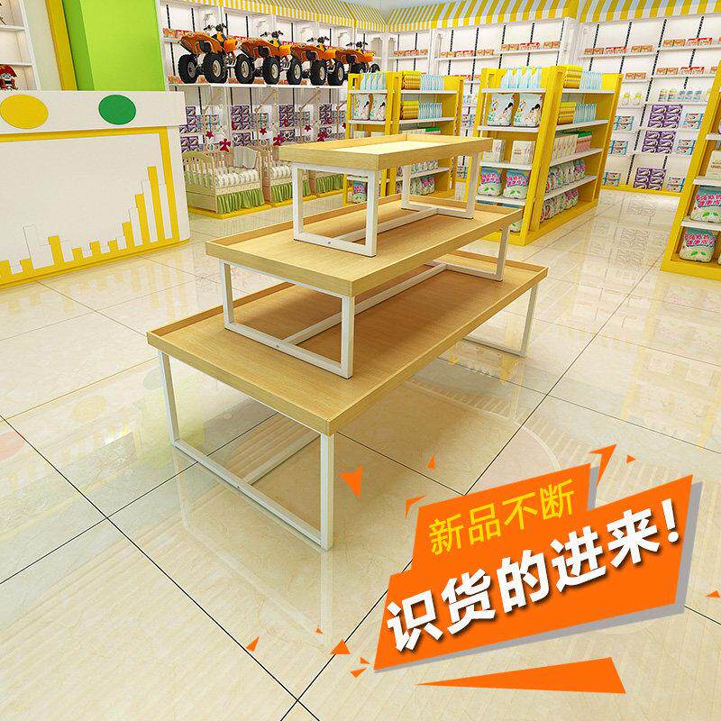 三层流水台超市中岛货架高低饰品展架展示台钢木中岛展示柜陈列柜