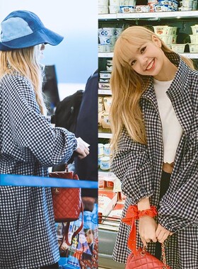 秋新款Lisa同款百搭加厚格子宽松立领灯笼袖中长款风衣外套夹克女