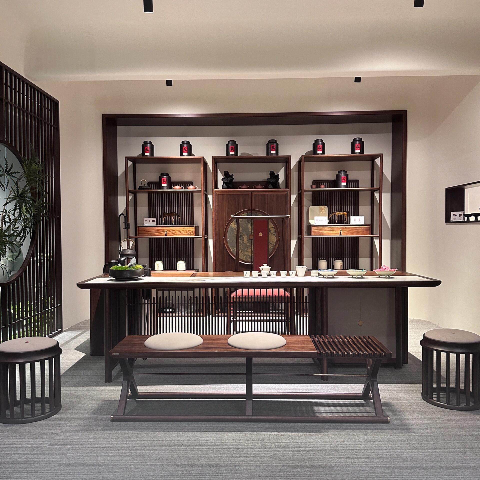 新中式茶桌宋氏美学实木茶台黑胡桃木岩板泡茶桌简约现代办公茶桌