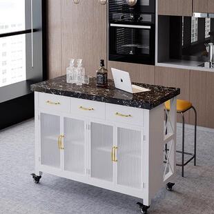 厨房餐柜大理石备餐桌可移动中岛台操作台开 放式吧台抽屉收纳柜