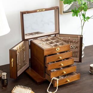实木覆古带锁镜子中式珠宝首饰盒收纳盒高档防氧化结婚古风中国风
