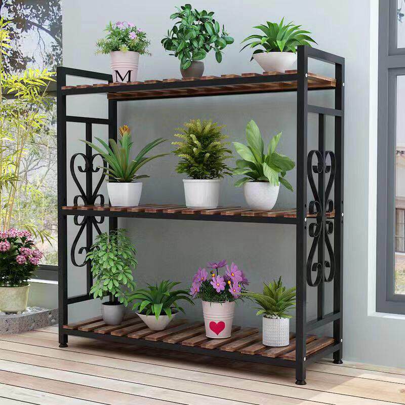 实木多层花架置物架搭配铁艺落地欧式风格可移动防水花盆架