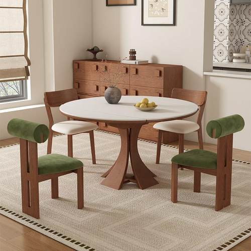 中古风白蜡木实木可伸缩岩板圆餐桌椅组合网红家用小户型吃饭桌子