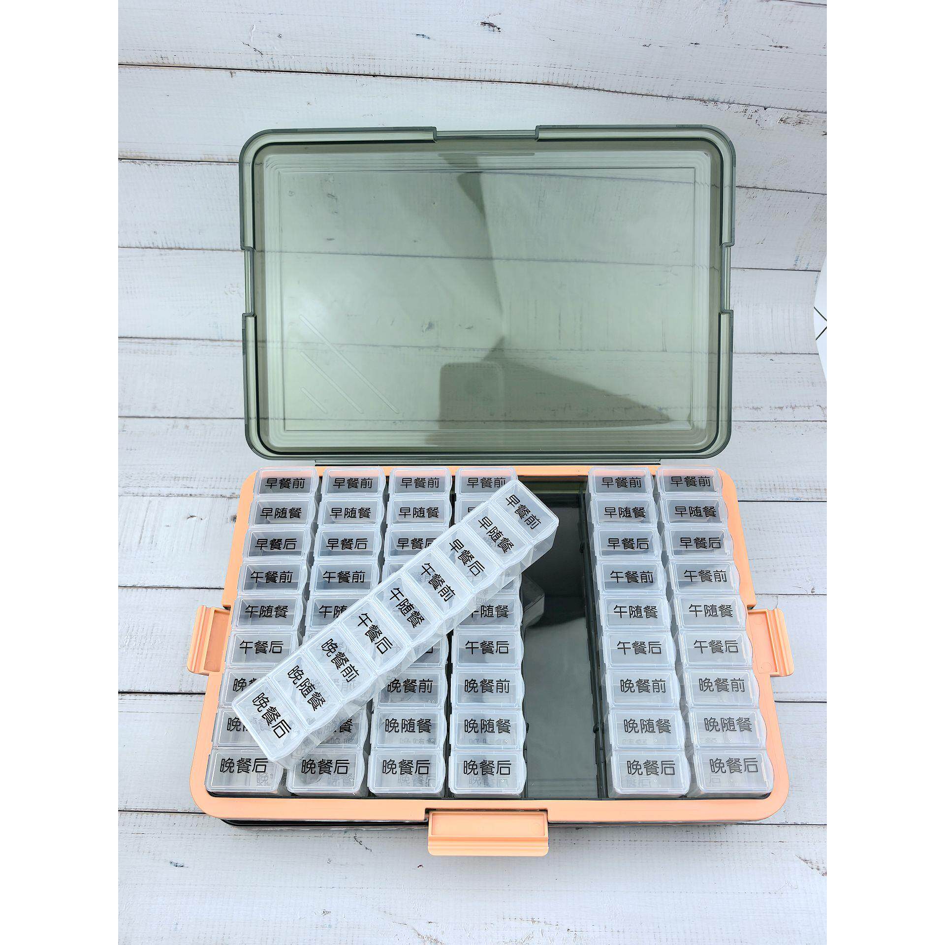 每周7天，老年人饭前63格密封药盒，中老年人多格服药，一天9格服